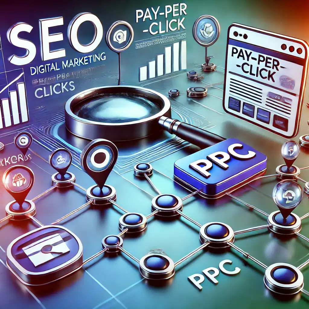 איור צבעוני עם הכיתובים SEO ו-PPC ואייקונים מחוברים ביניהם