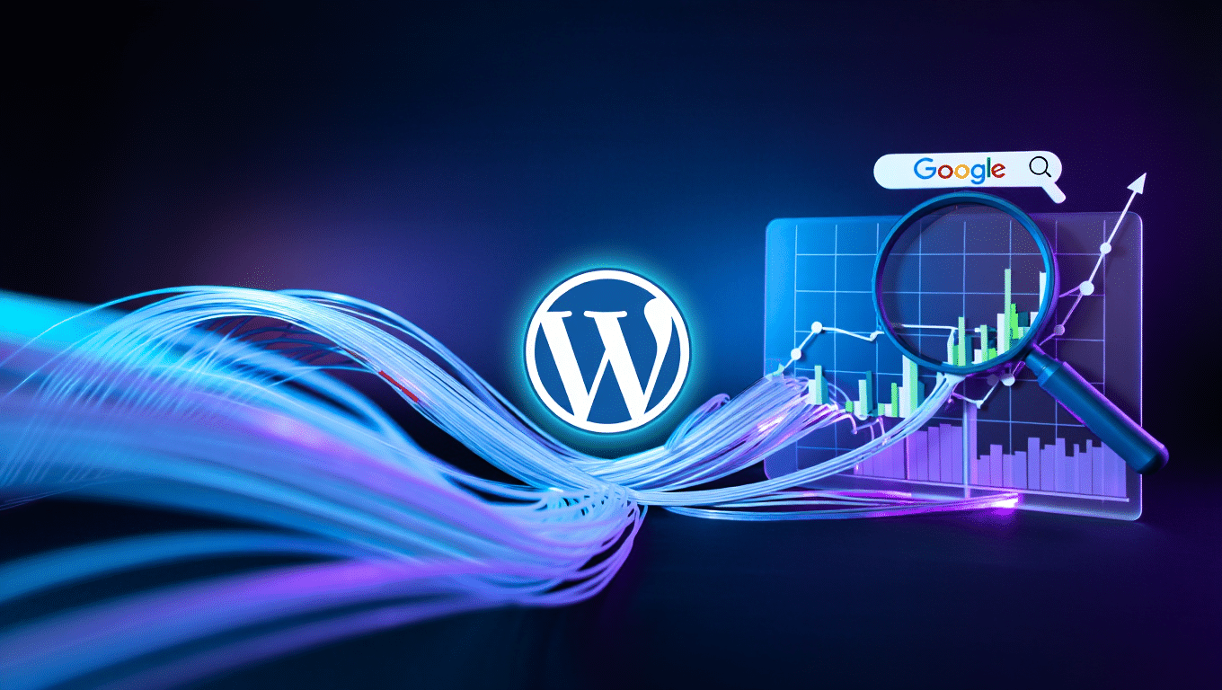 הלוגו של WordPress על גלי אור סגולים וכחולים לצד גרף עולה